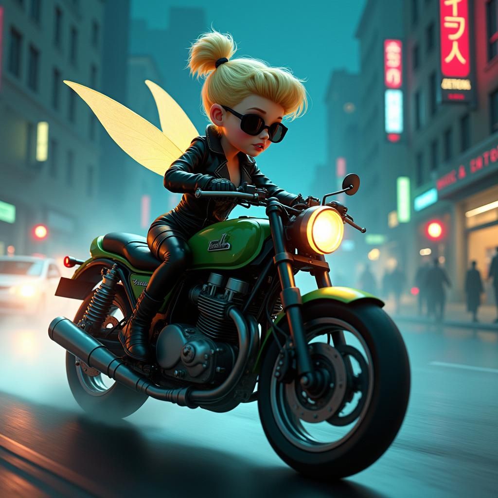 Tinkerbell as Trinity on Motorbike in Cyberpunk City