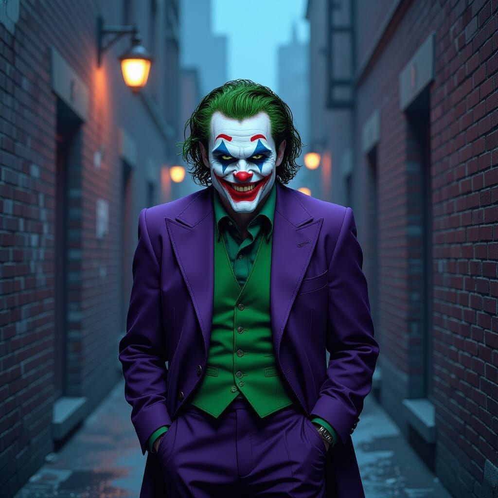 Joker with Maniacal Grin in Dark Gotham Alley