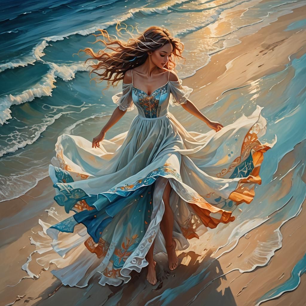 Woman Dancing on Beach at Dusk, Oil Painting