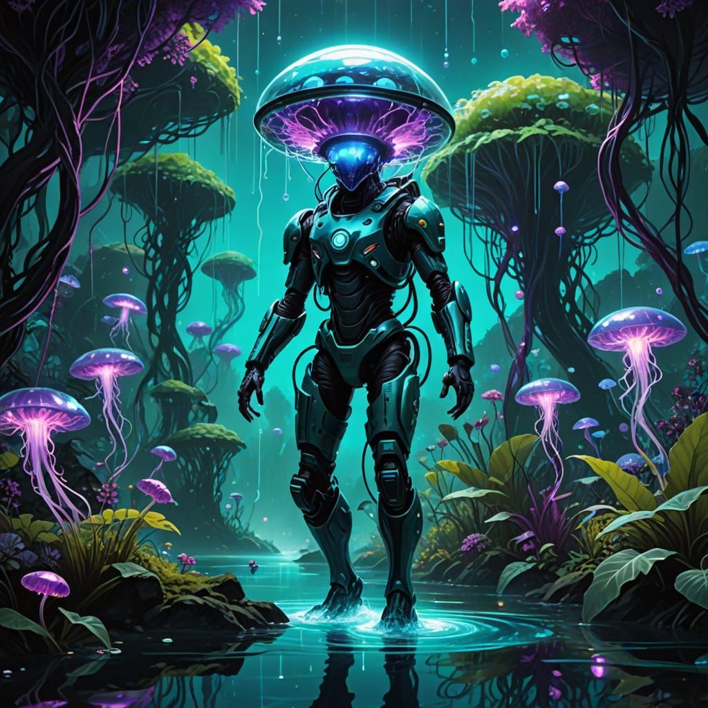 Luminous Alien Jungle in Teal and Violet Hues