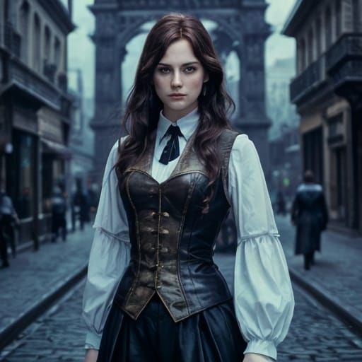 Woman in Steampunk Vest, Paris Street, Impressionism