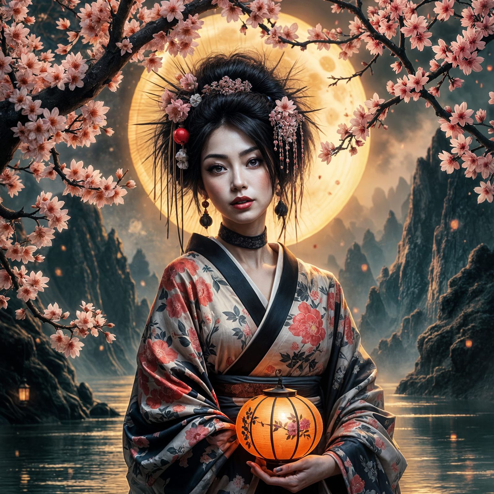 Moonlit Geisha in Silk Kimono with Lantern