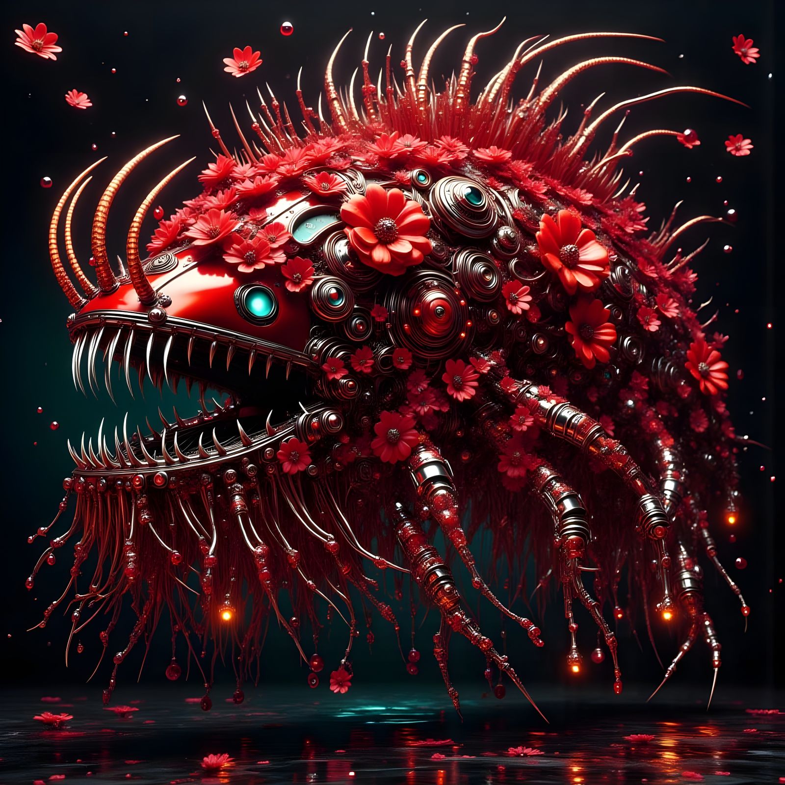 Red Chrome Robot Anglerfish Monster with Filaments