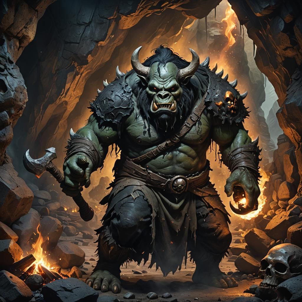 Ogre in Cave with Skull Club, Hyperrealistic Art