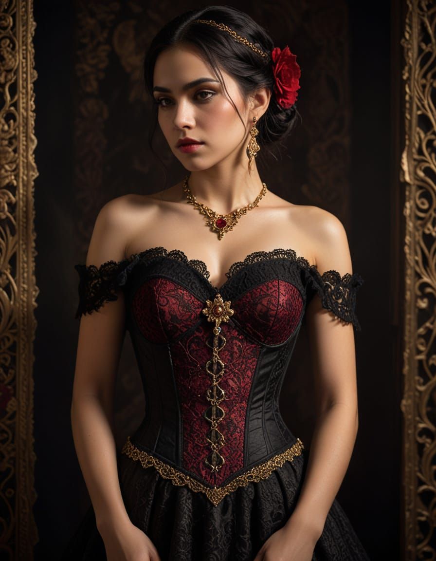 Mexican Woman in Crimson Lace Gothic Dress