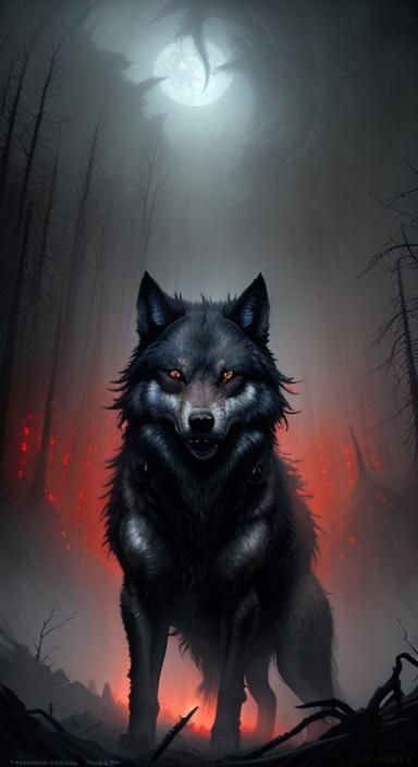 Terrifying Shadow Wolf in Ethereal Oil Painting