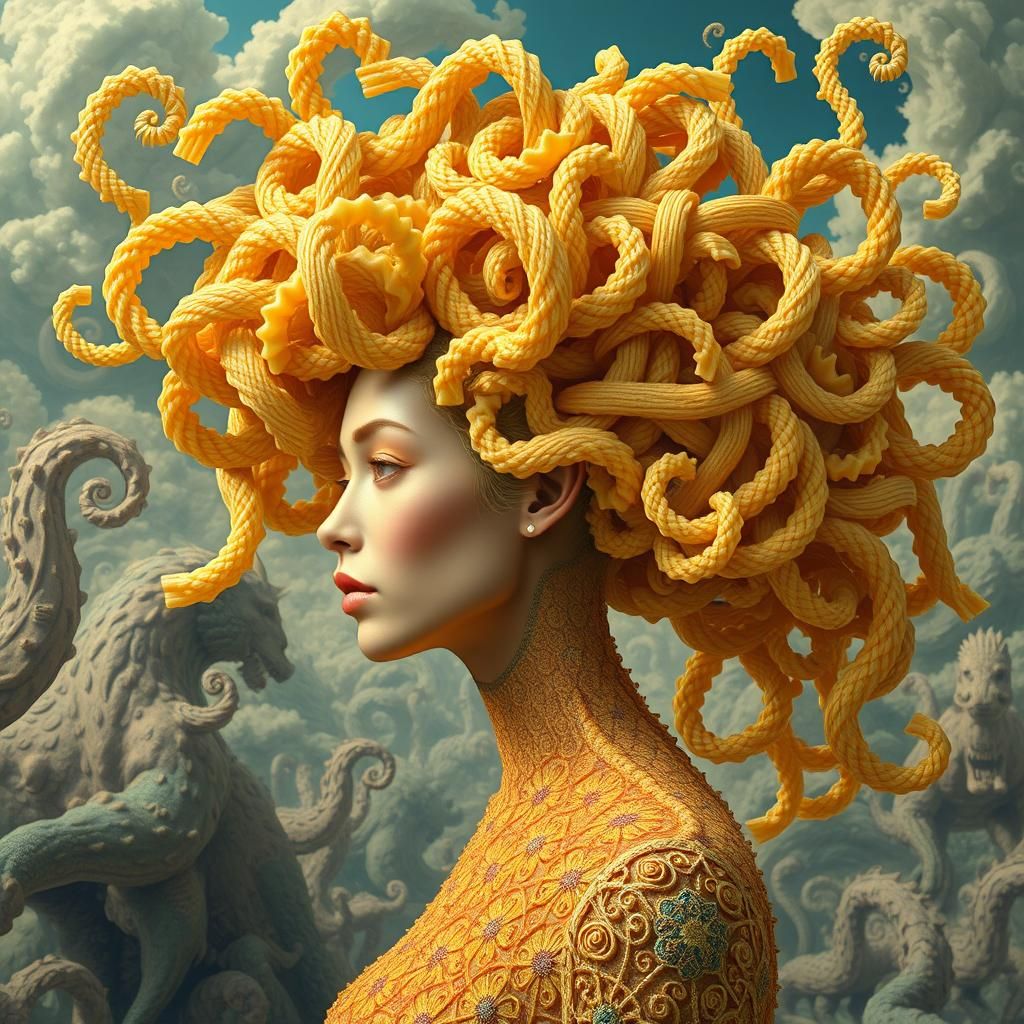 Macaroni Hair Lady: Surreal Dreamscape