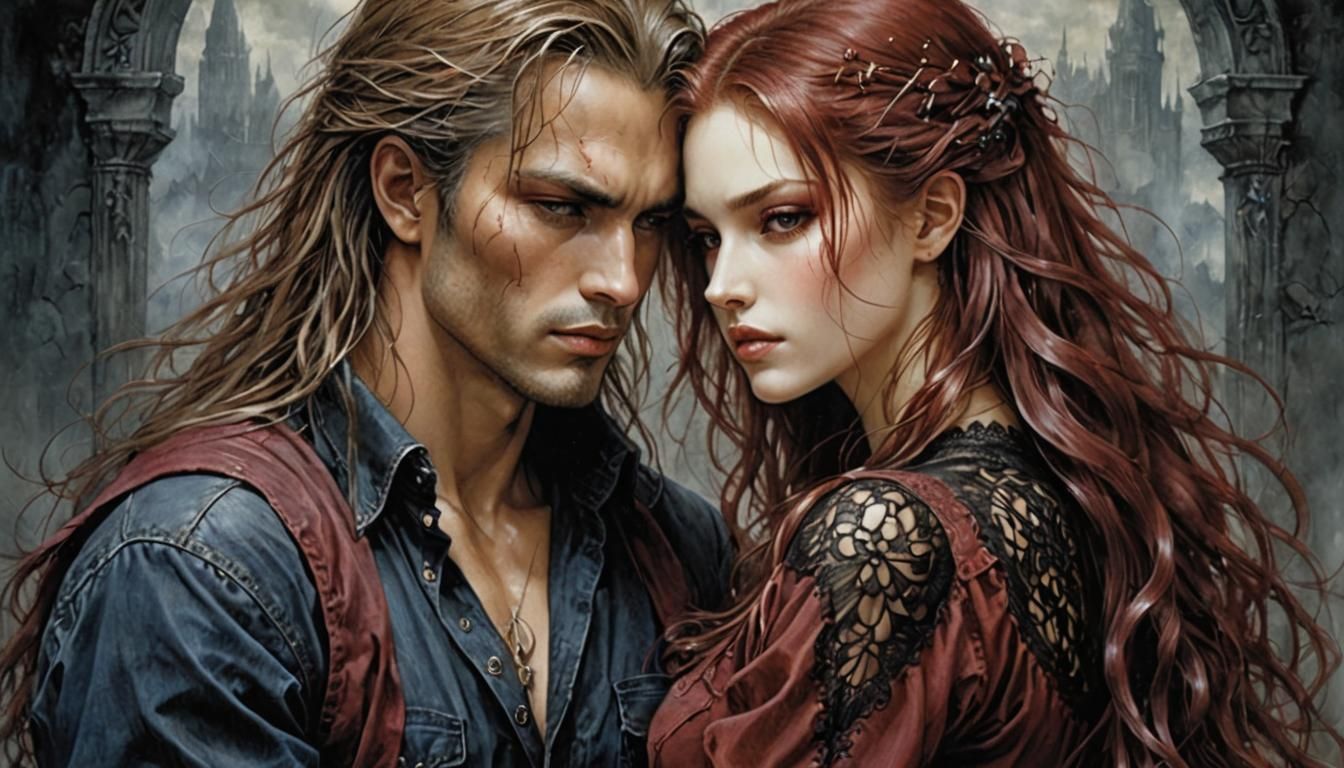 Fantasy Couple's Tender Embrace in Art Nouveau Style