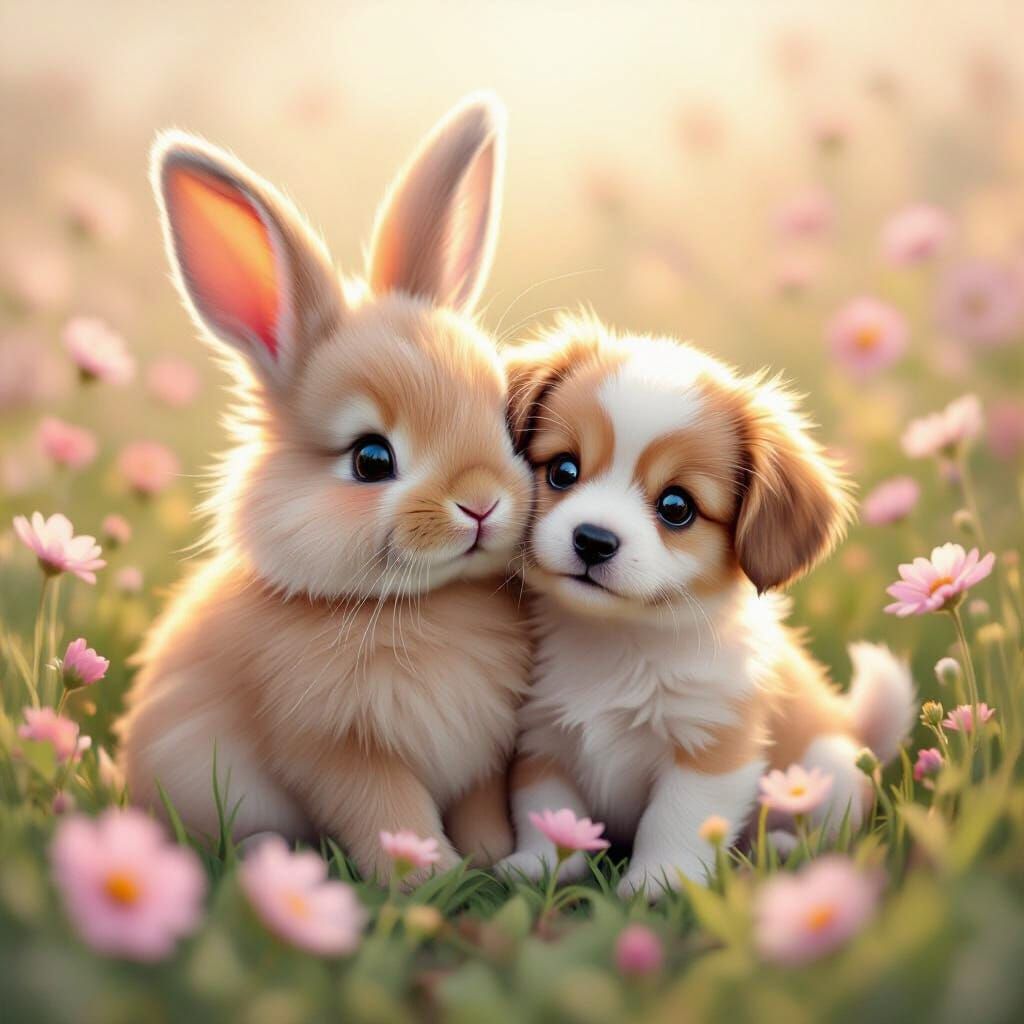 Adorable Fluffy Bunny and Puppy in Pastel Flower Field