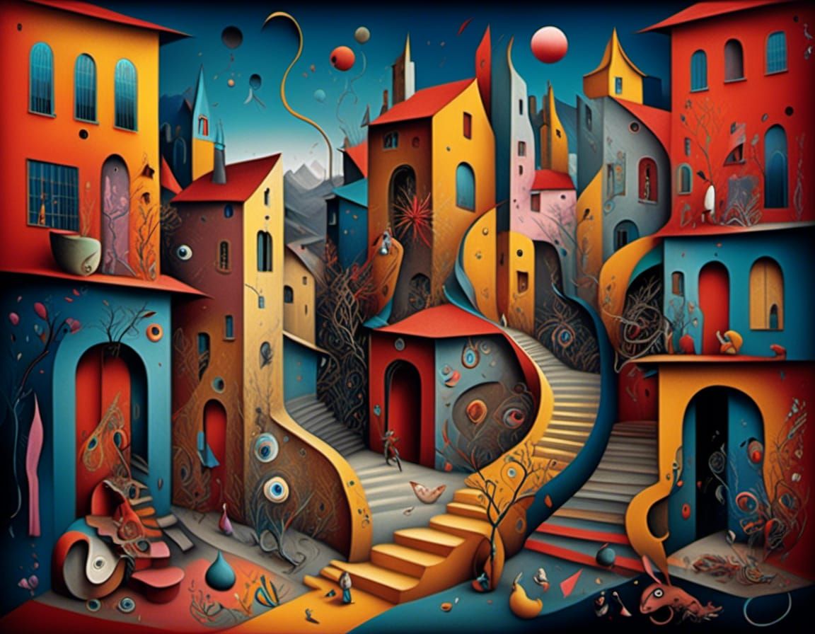 Surreal Cubist Creatures in Magnificent Town