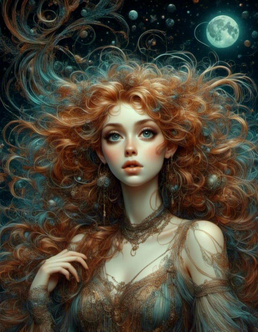 Copper-Haired Girl Gazing at Starry Sky in Art Nouveau Punk