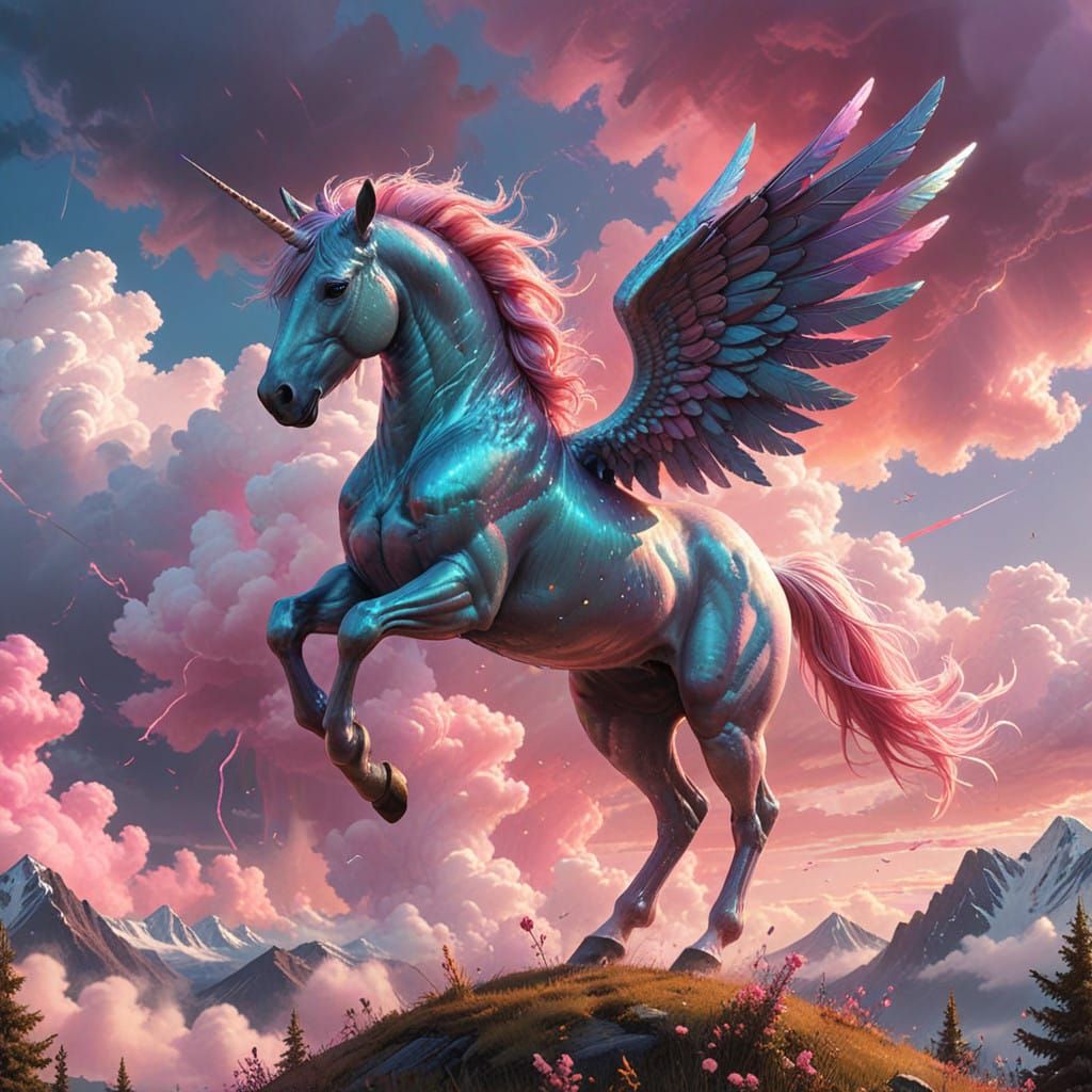 Majestic Iridescent Unicorn Soars in Vibrant Sky