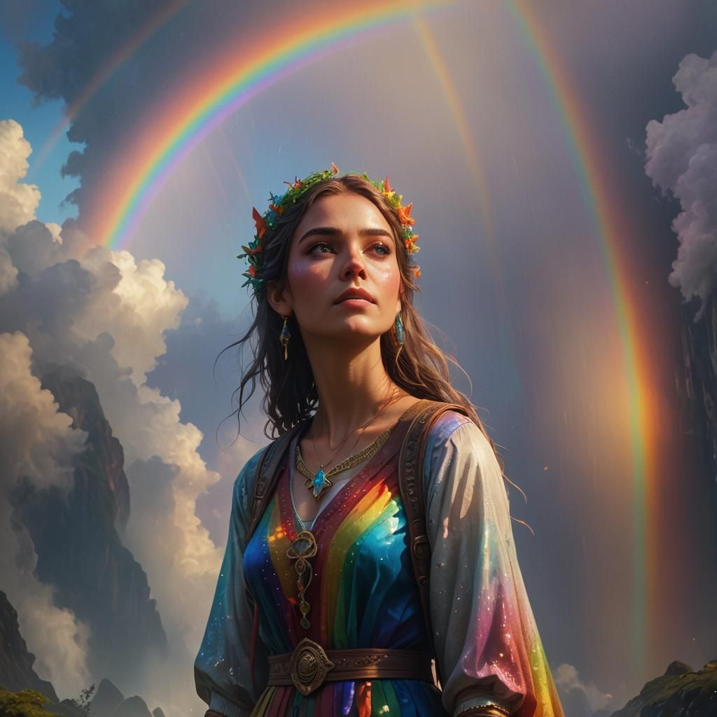 Girl Gazing at Rainbow in Vibrant Fantasy Art