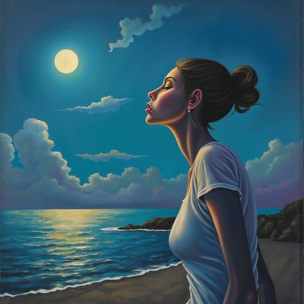 Woman at Moonlit Sea in Surreal Style
