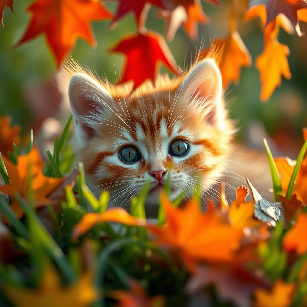 Photorealistic Orange Kitten Among Autumn Leaves