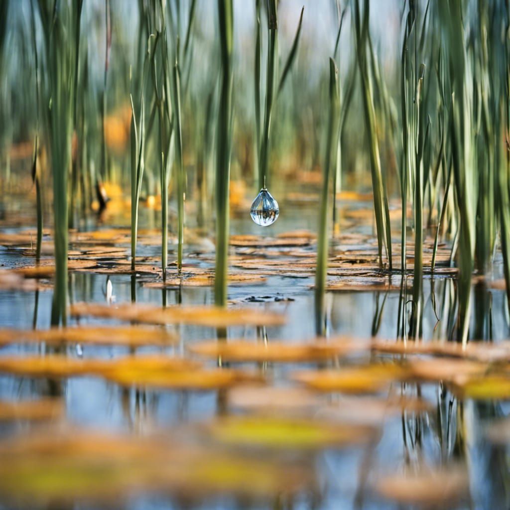 Morning Dewdrop on Reeds in a Sunlit Swamp