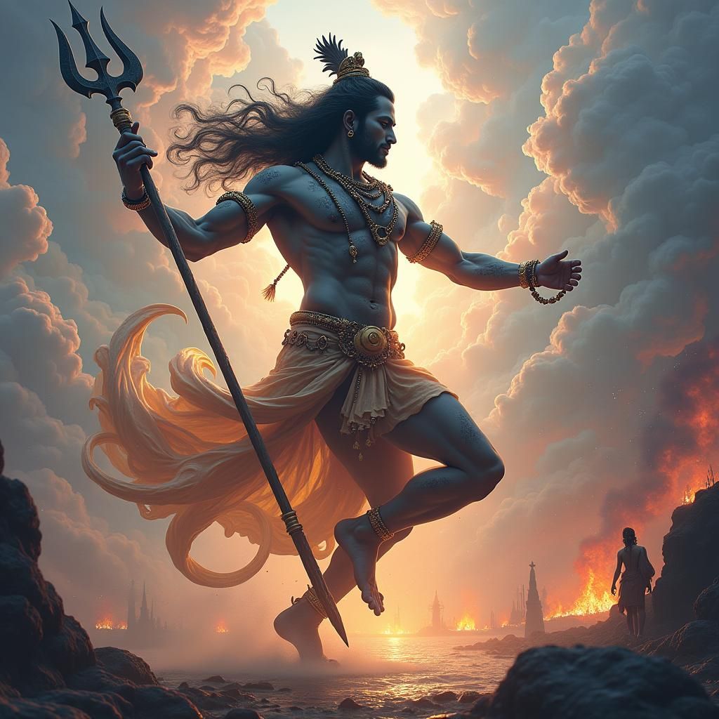 Deity's Cosmic Dance in Dreamlike Landscape