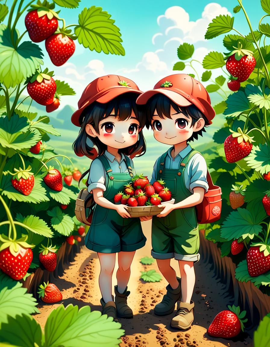 Chibi Farmers Harvesting Strawberries in Tranquil Setting