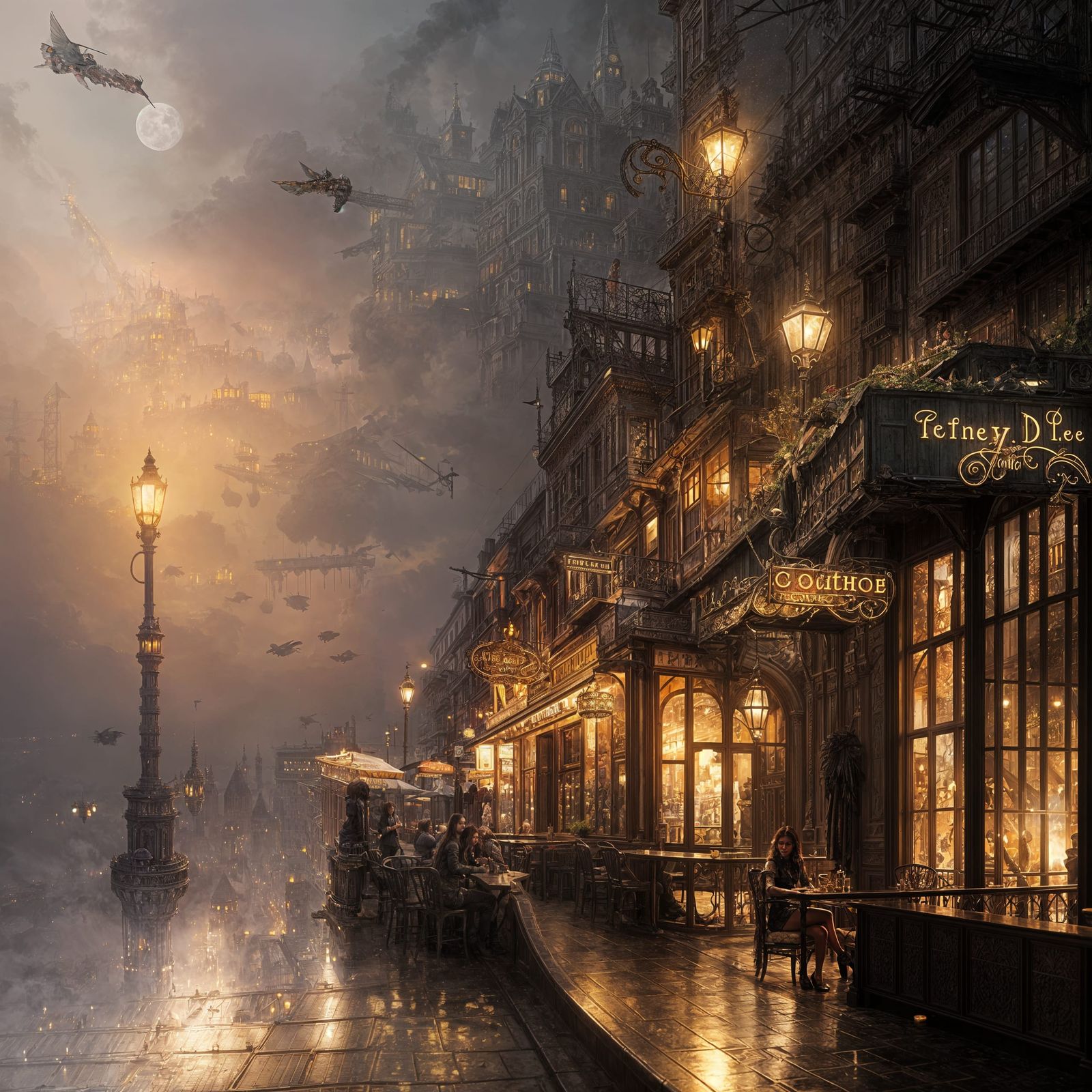 hot coffee date with pretty lady at night café; insanely detailed and intricate, scenic,  maximalist hyperdetailed matte...