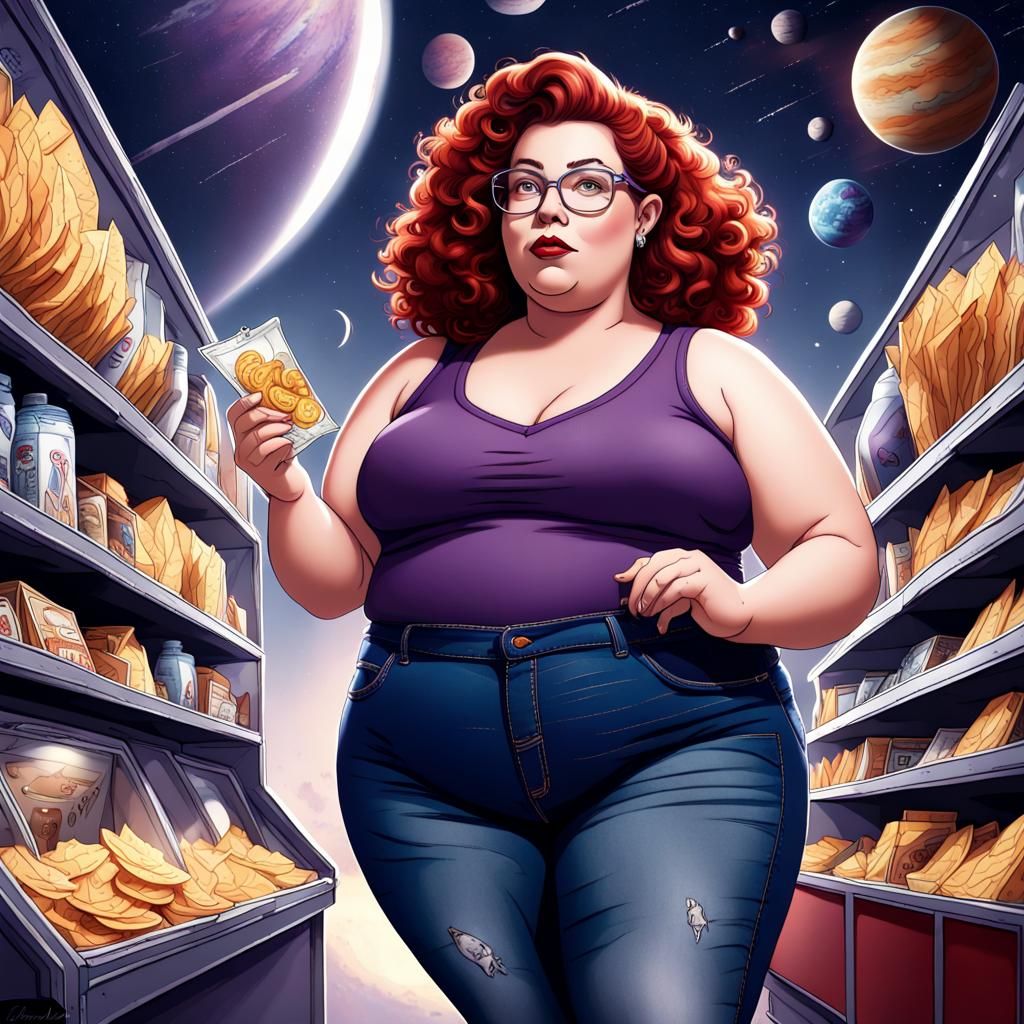 Plus-Size Model Ad with Rocket Ship Background