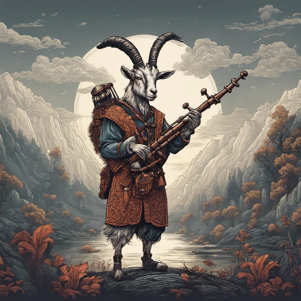 Goat Playing Bagpipes in Woodcut Style