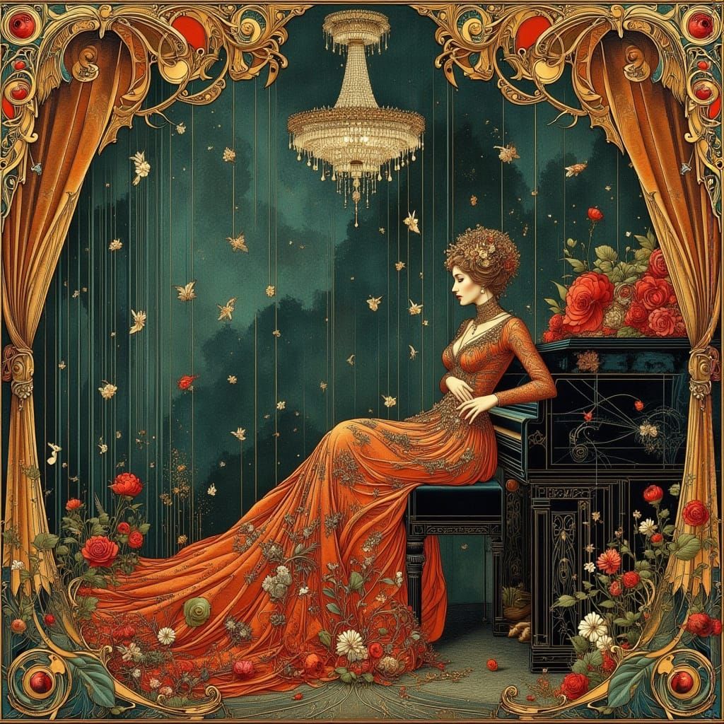Ornate Piano Player in Art Nouveau Style