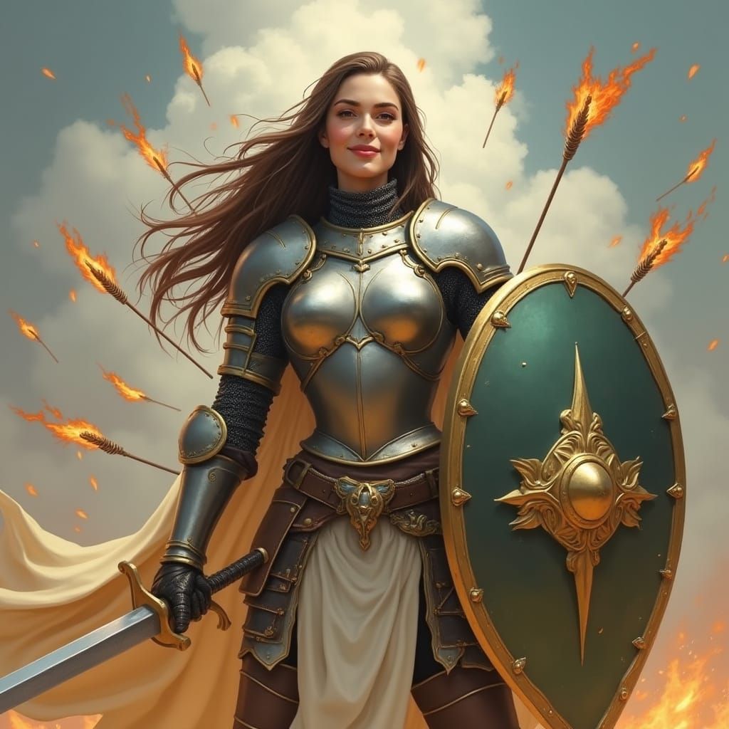 Armored Woman Warrior Deflecting Flaming Arrows
