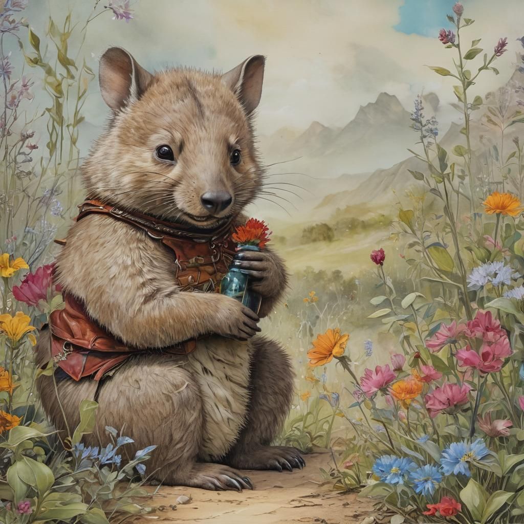 Whimsical Wombat and Girl in Floral Fantasy