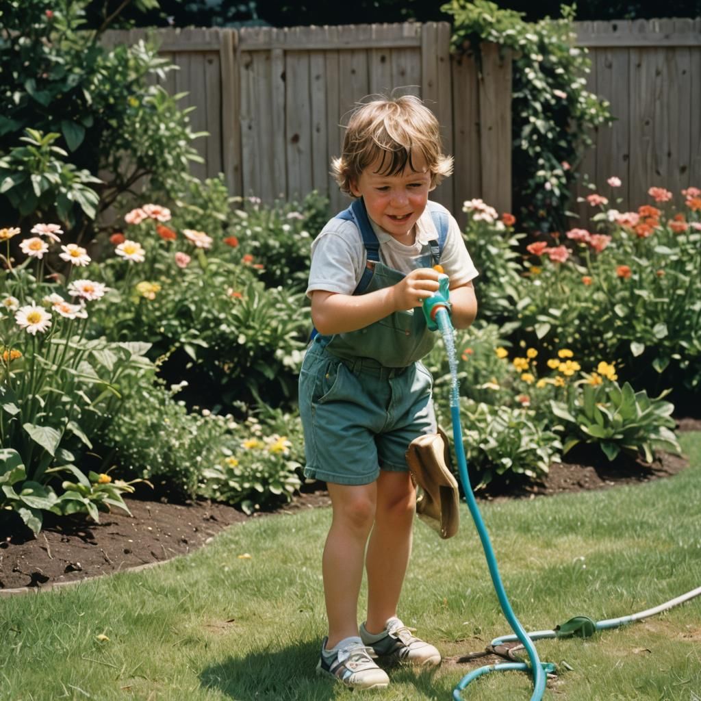 1980s Kid Hydrating with Garden Hose