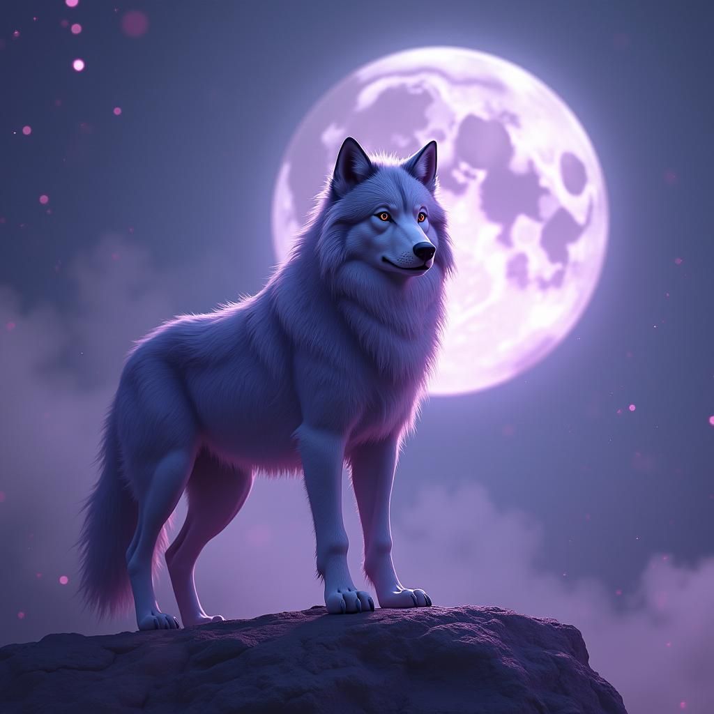 Regal Purple Wolf and Luminous Moon in Fantasy Art