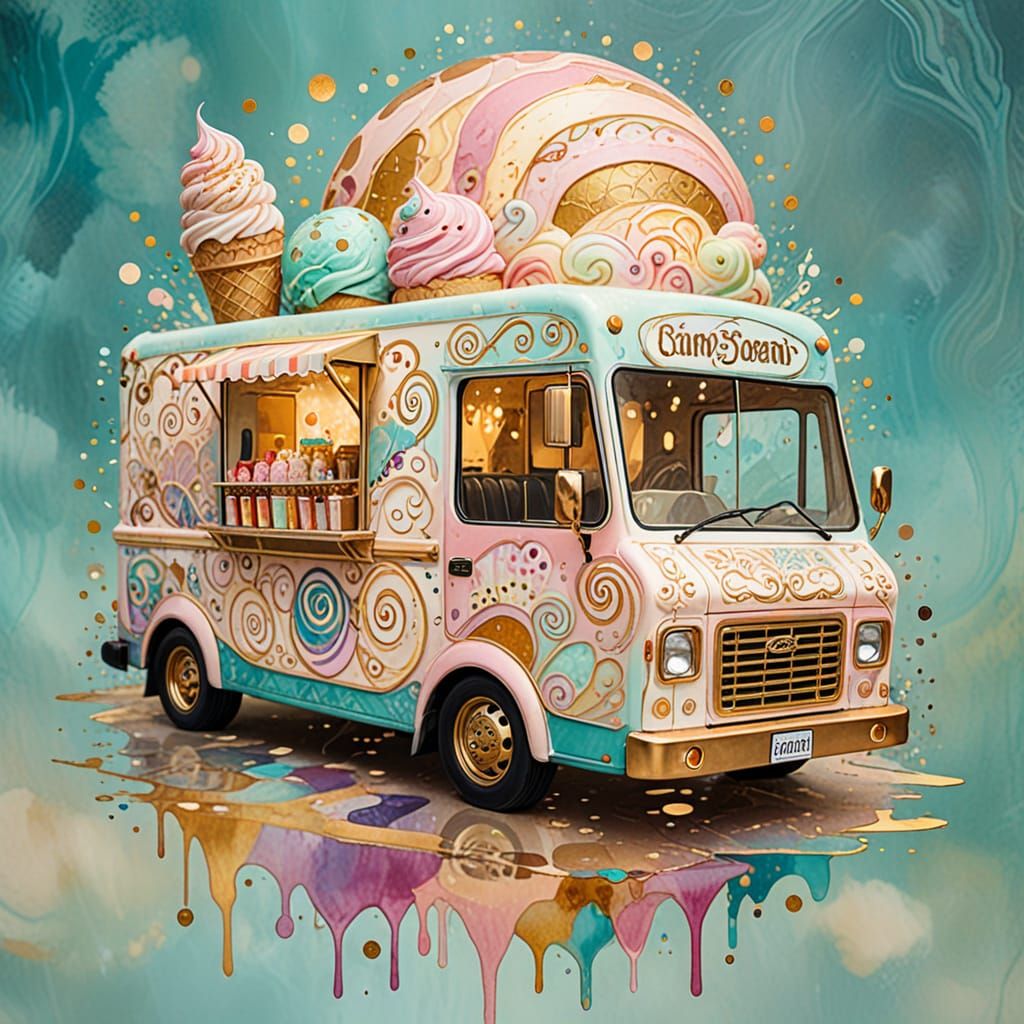Pastel Ice Cream Truck in Klimt-Inspired Alcohol Ink Style
