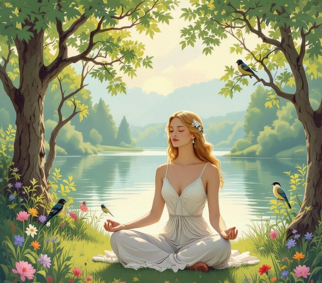 Serene Pinup Figure Meditating in Peaceful Nature