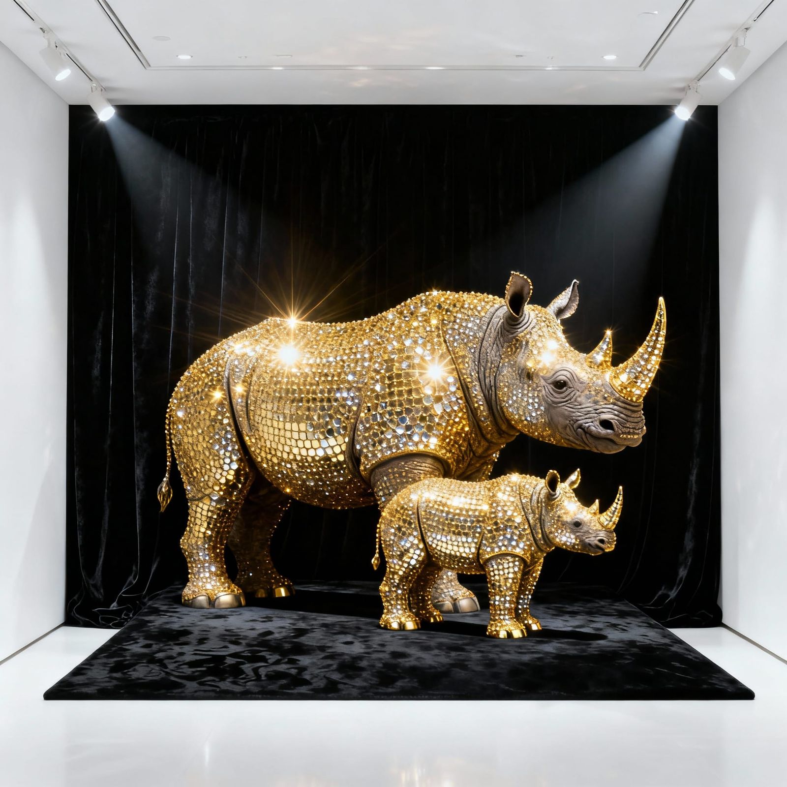 Golden Rhinestone Rhino Family in Luxury Showcase