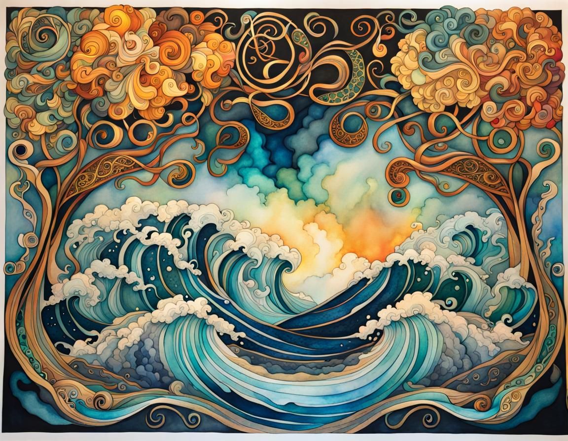 Vivid Ornate Squid in Undersea Scene, Nouveau Vague Style