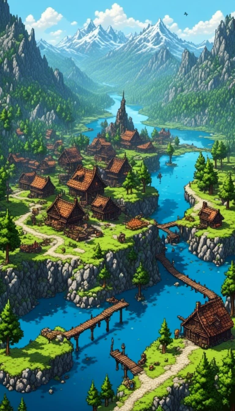 Pixel Art Skyrim Village with Dragon