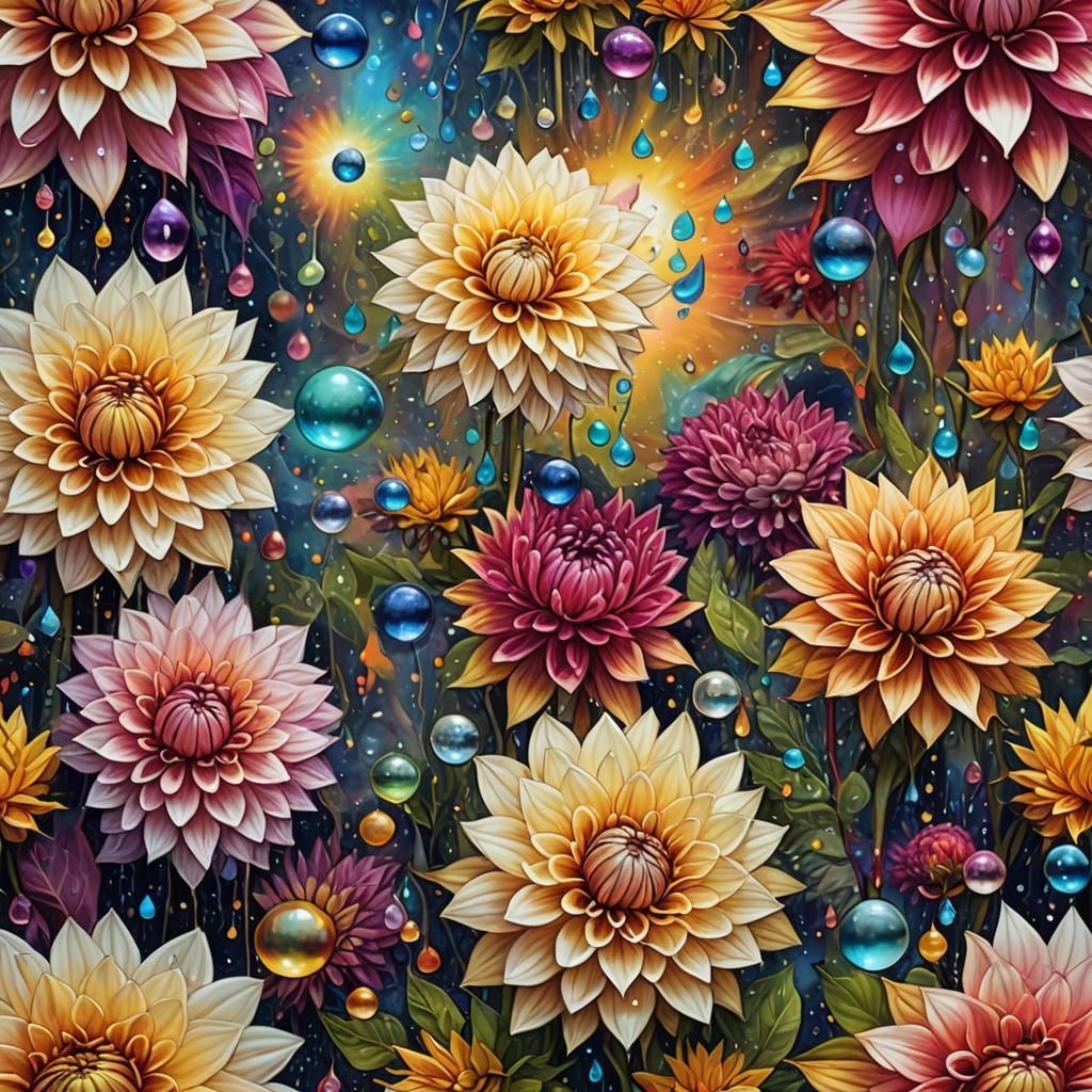 Dahlias with Raindrops and Pearls in Astral Style