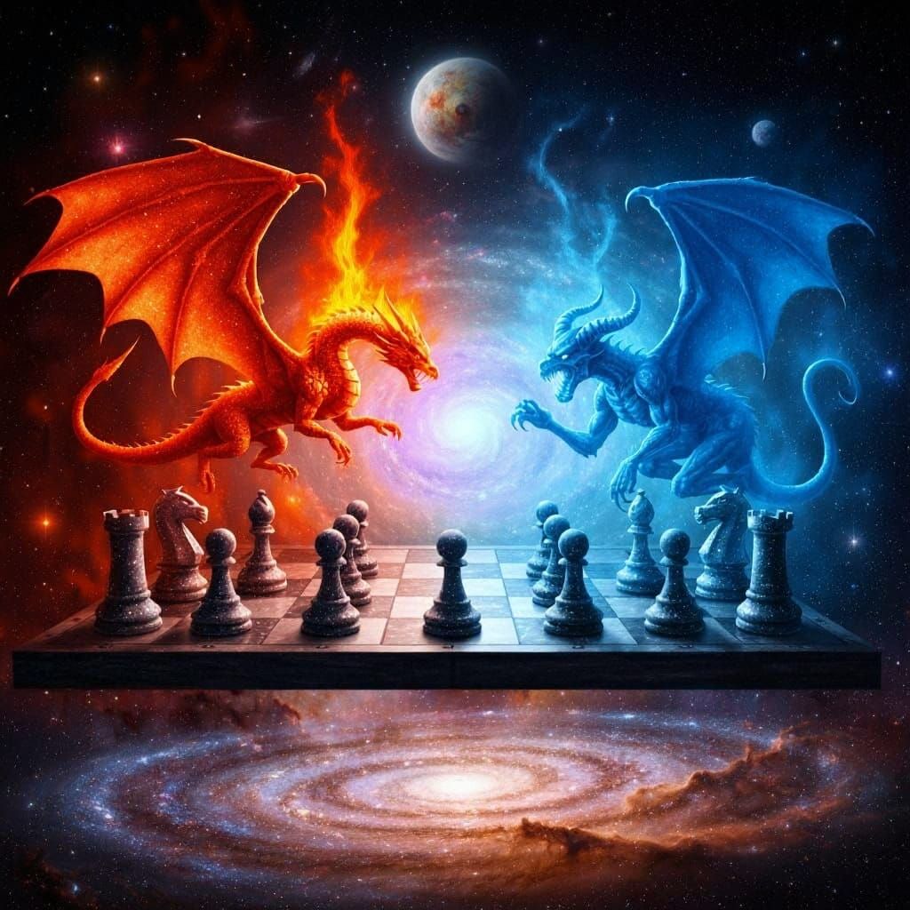 Epic Clash: Ice and Fire Dragons on Chessboard