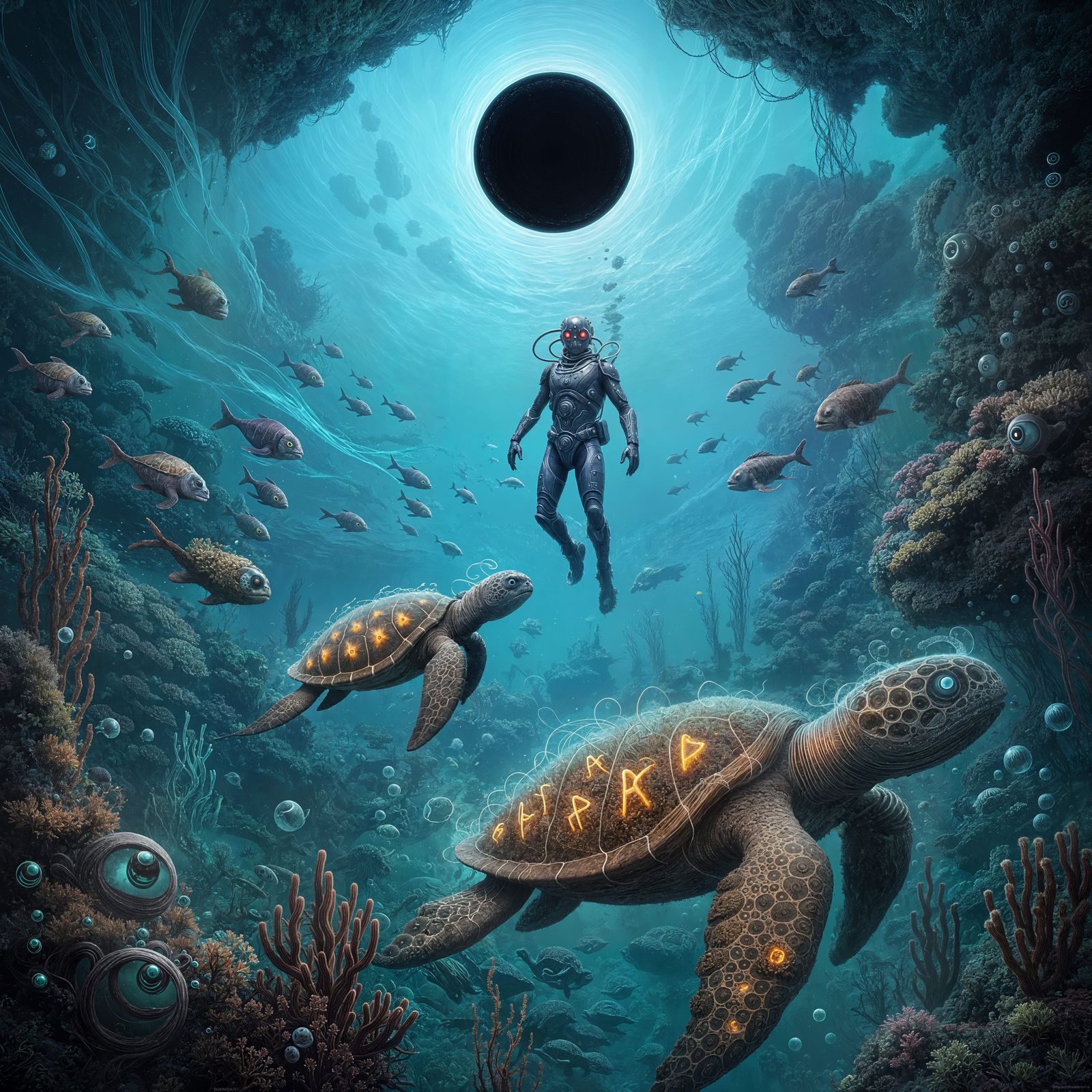 Diver in Alien Seascape with Bioluminescent Life