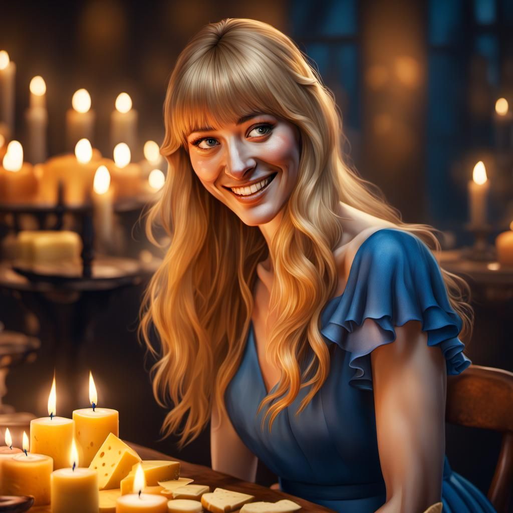 Young Woman Smiles Over Candlelit Cheese Table