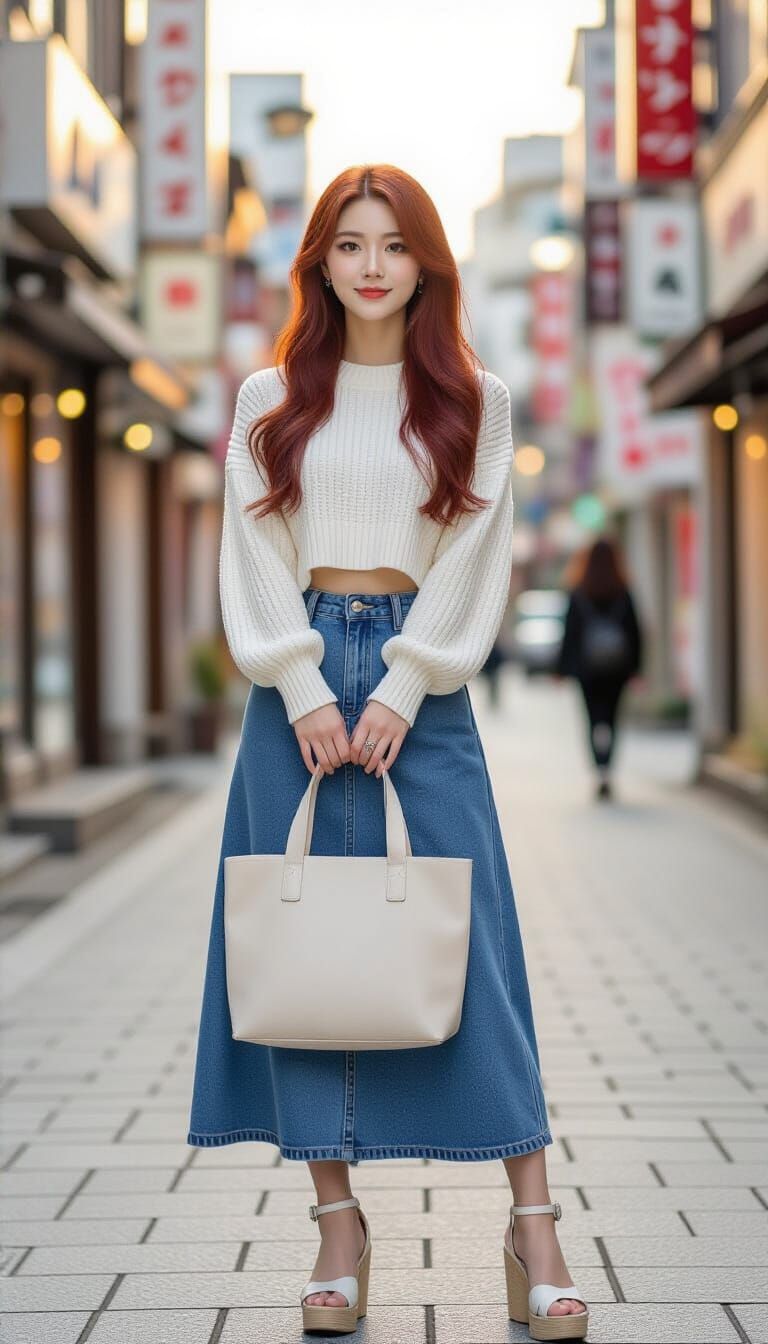 Japanese Woman in K-Pop Fashion: Denim Maxi Skirt