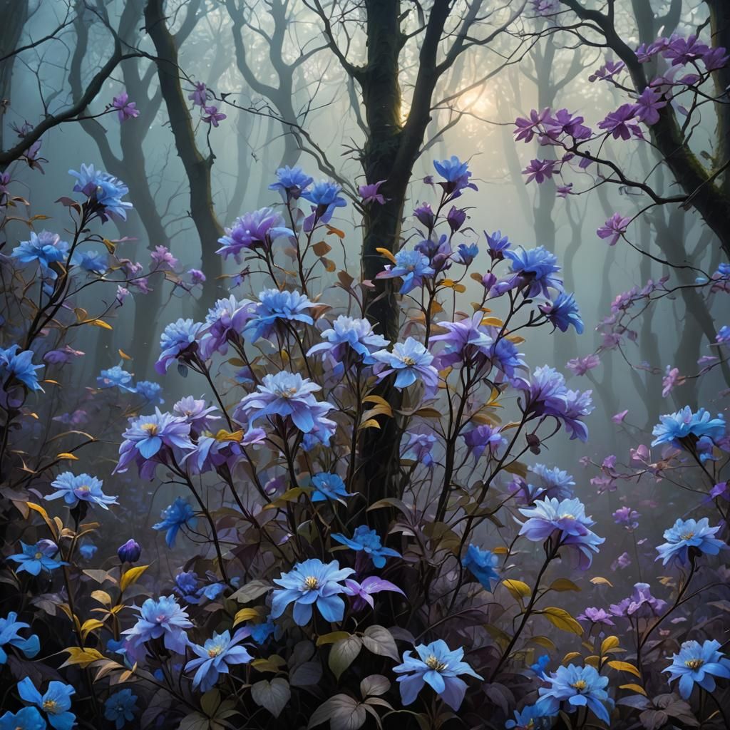 Eerie Surrealism: Blue and Purple Autumn Flowers