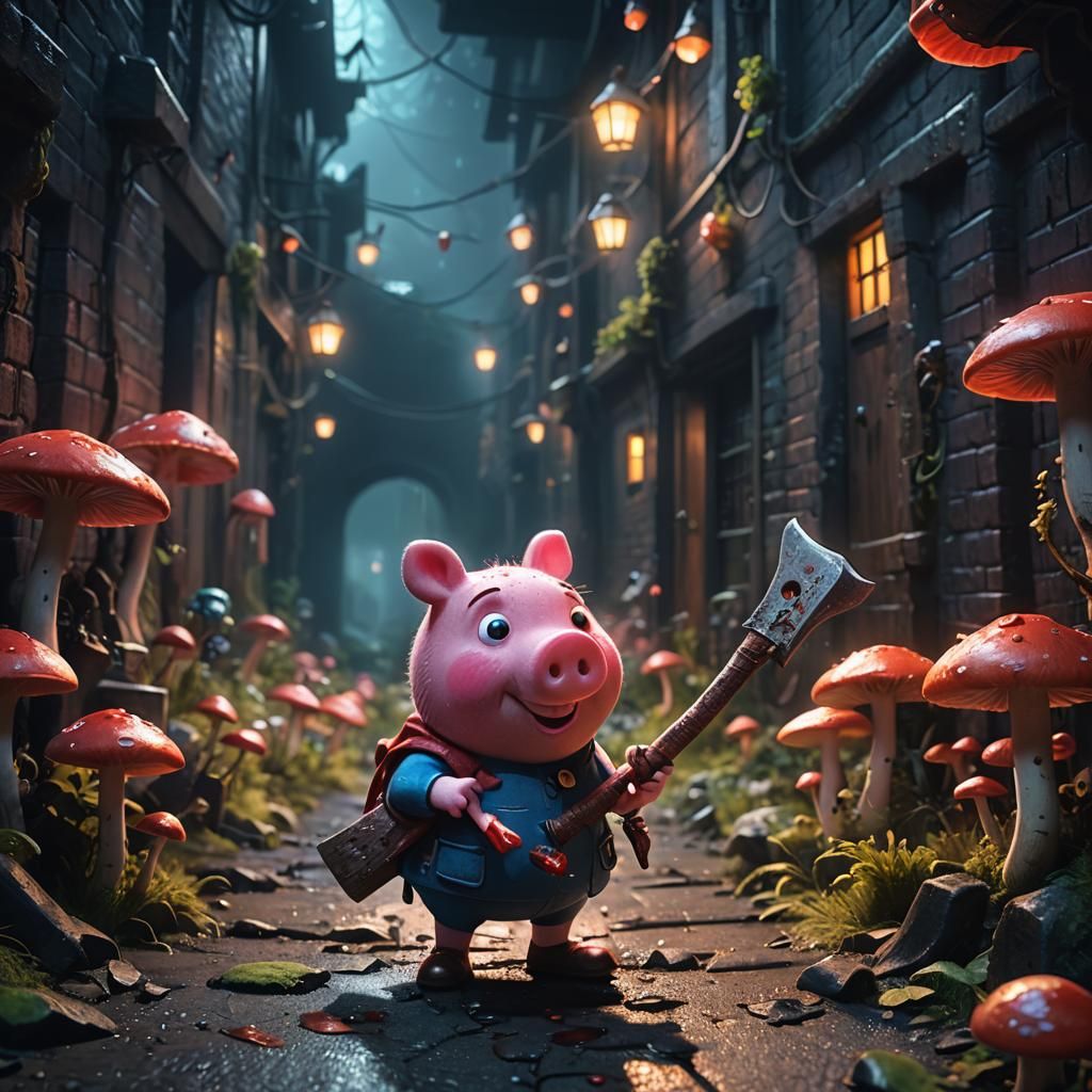 Pepa Pig in Dark Alleyway with Axe