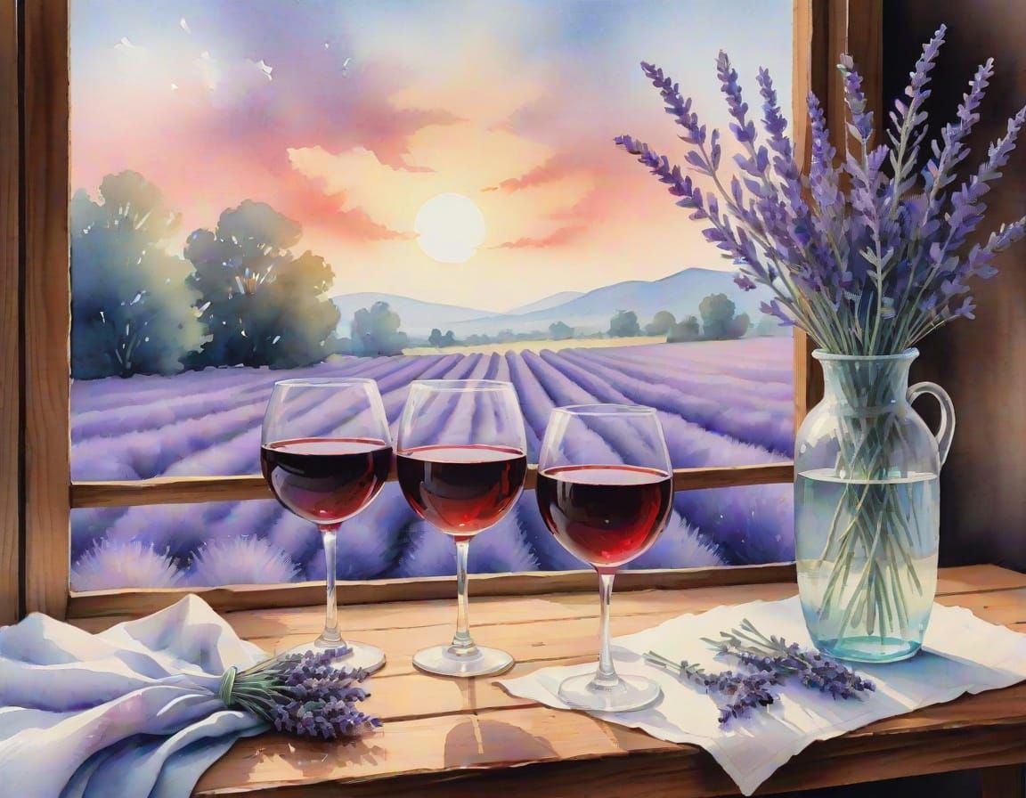 Soft Focus Watercolor Still Life with Lavender Flowers and W...