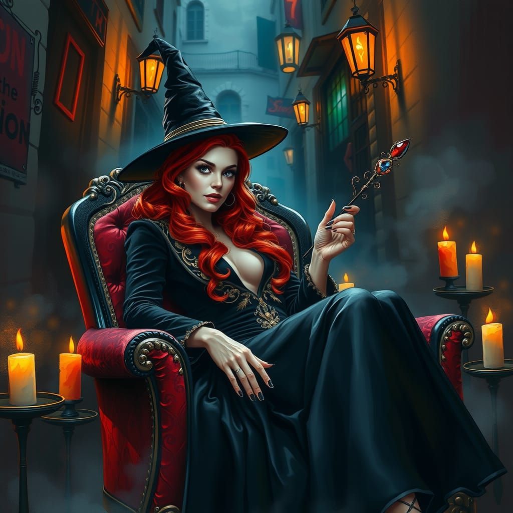 Mob Boss Witch Lounging on Throne in Street Art Style