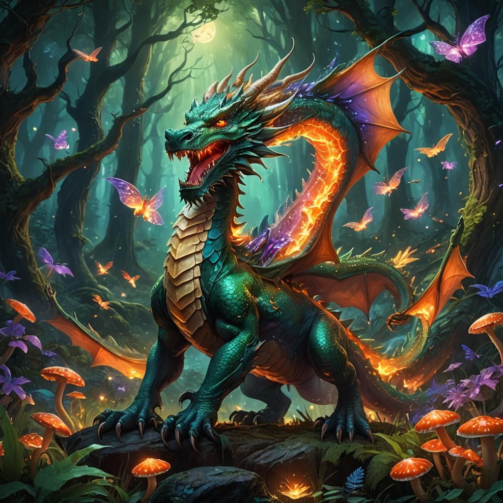 Majestic Dragon Roaring in Mystical Emerald Forest
