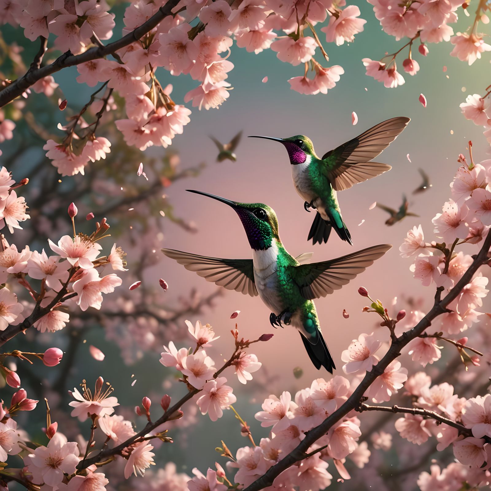 Emerald Hummingbird Feeds on Cherry Blossoms