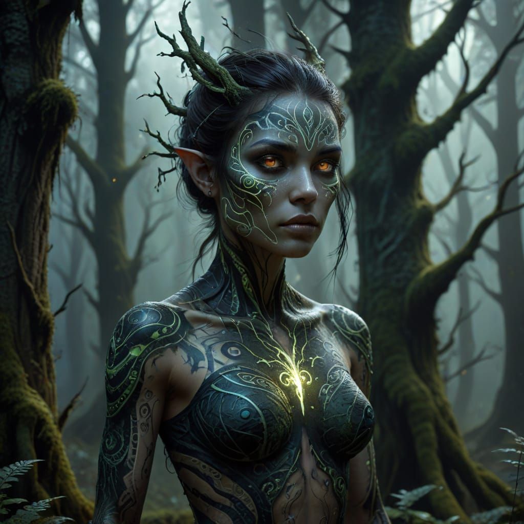 Eerie Banshee Creature with Tribal Markings in Dark Forest