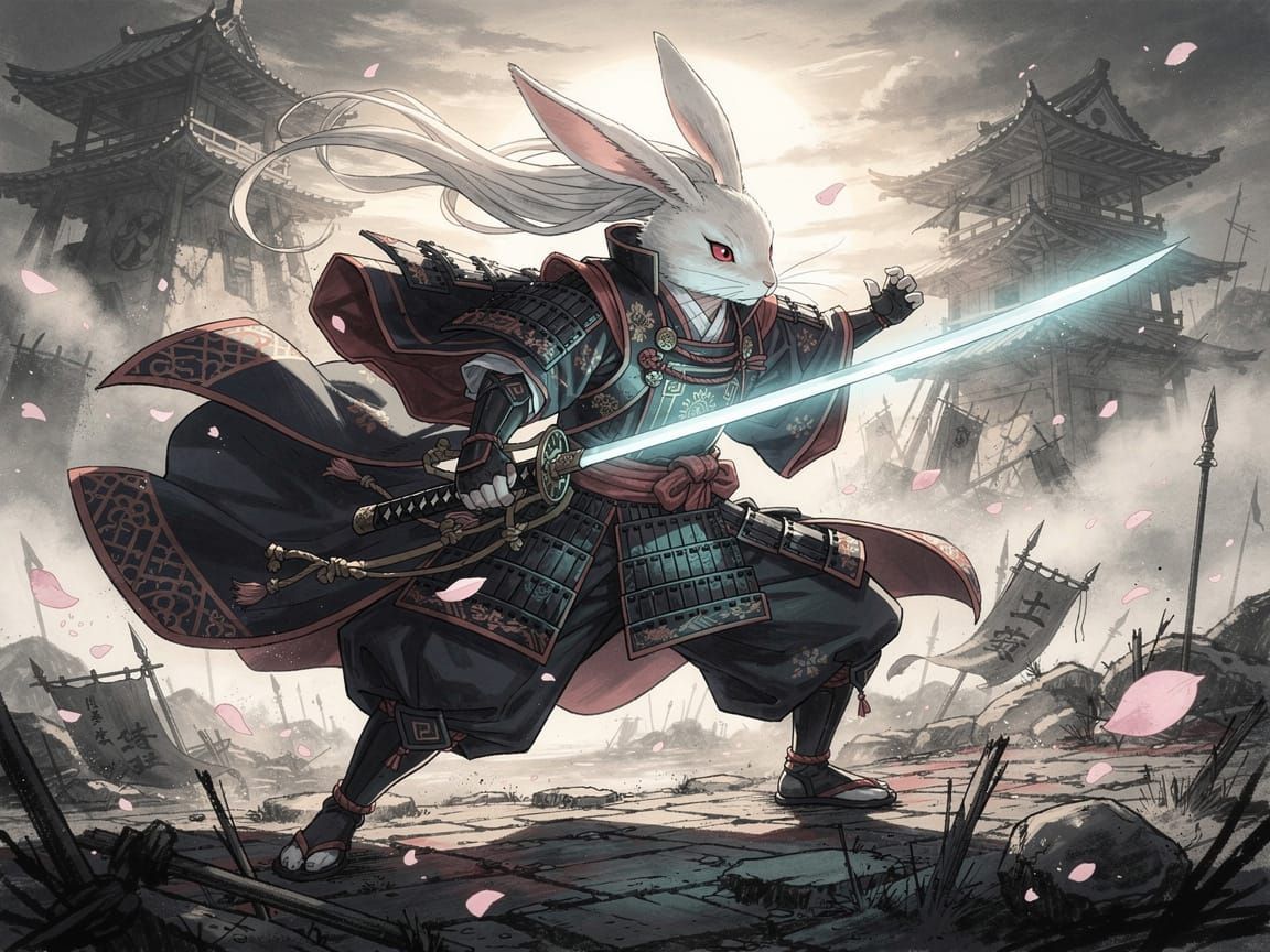 Rabbit Samurai on Misty Battlefield in Sumi-e Anime Style