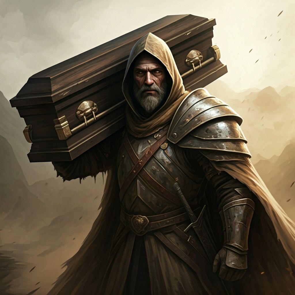 Hero Carries Coffin in Dusty Armor