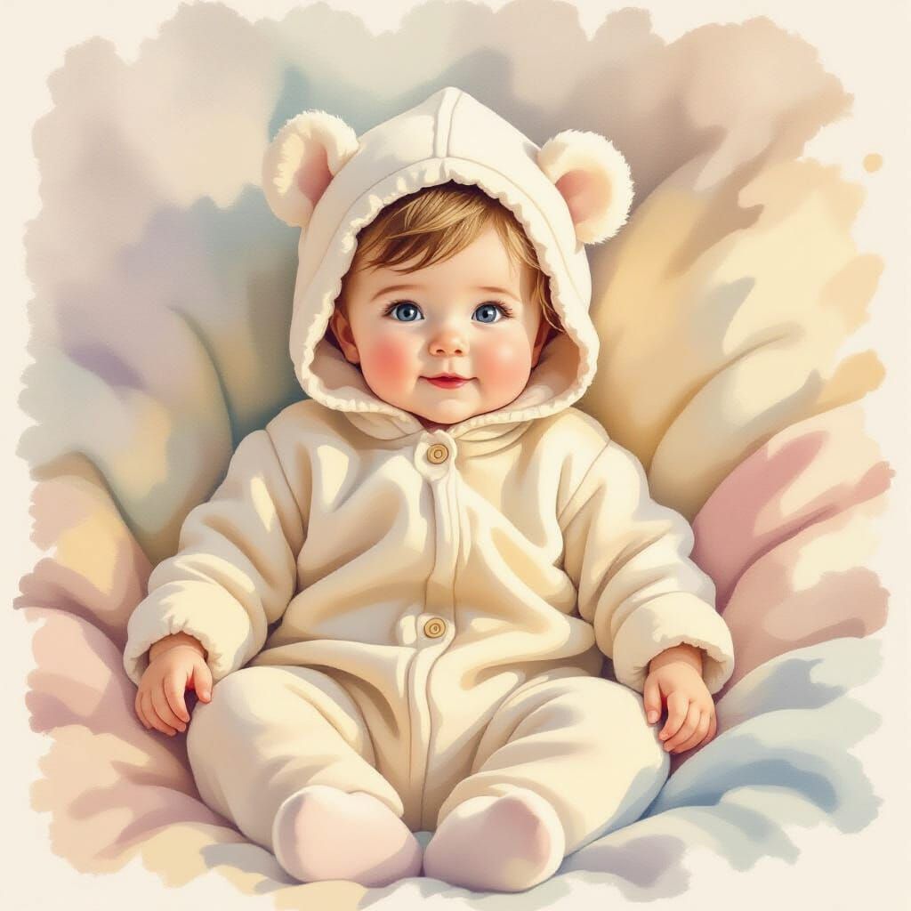Infant in Pastel Nursery, Classic Children's Book Illustrati...
